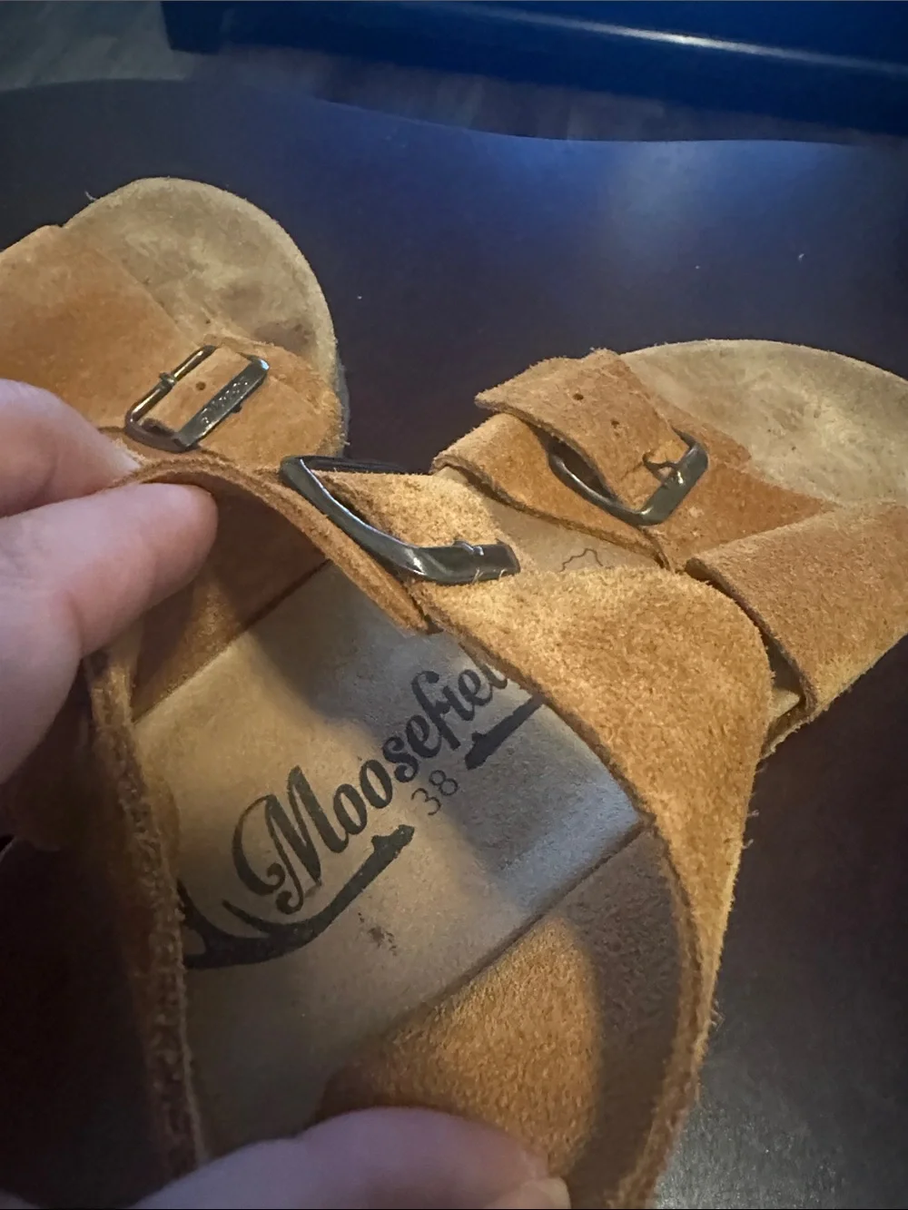 Women’s Two-Buckle Suede Sandals in Tan